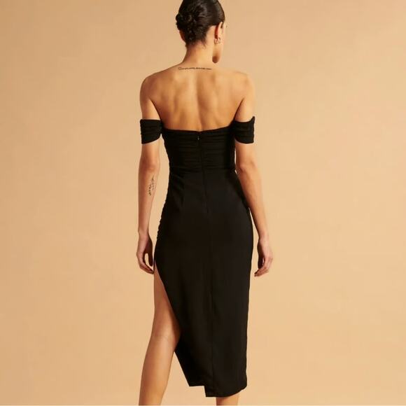 Abercrombie Off Shoulder Ruched Black Midi Dress Small Black Event Cocktail LBD - Picture 2 of 12